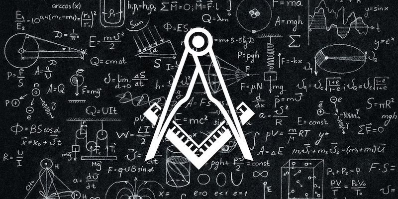 The Masonic Square and Compasses with a mathematics formula in the background.