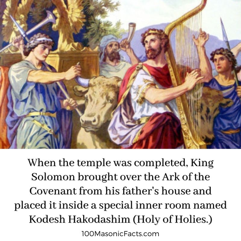  When the temple was completed, King Solomon brought over the Ark of the Covenant from his father's house and placed it inside a special inner room named Kodesh Hakodashim (Holy of Holies.) When the priests emerged from the holy place after placing the Ark there, the Temple was filled with a cloud, "for the glory of the Lord had filled the house of the Lord".