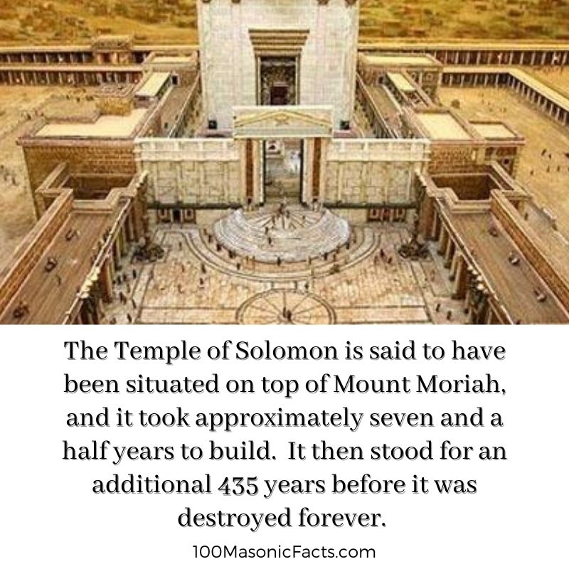 The Temple of Solomon is said to have been situated on top of Mount Moriah, and it took approximately seven and a half years to build. It then stood for an additional 435 years before it was destroyed forever.