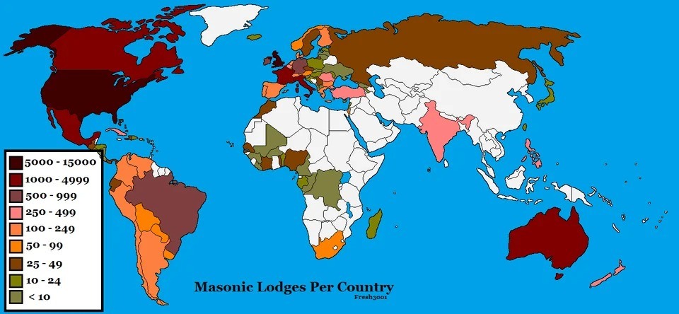 map showing masonic lodges per country